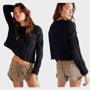 Free People Black Cropped Cable Knit Crewneck Sweater